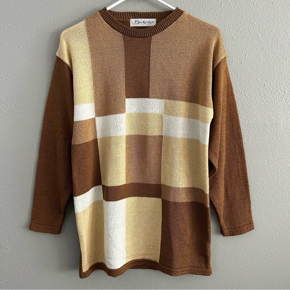 Berkertex Geometric Tan Brown Pullover Sweater Size 10 - 12 M New Cinder Retro